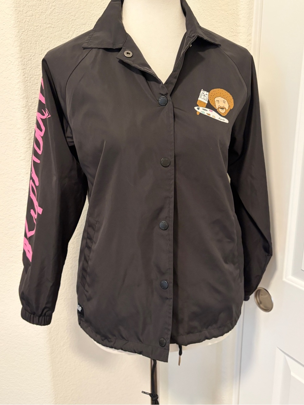 Ripndip Black Coach Jacket with Pink Sleeve Script and Bob Ross Patch